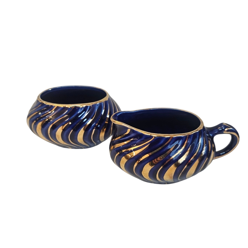 Vintage Arthur Wood England Cobalt Blue Swirl Gold Georgian Sugar & Creamer Set